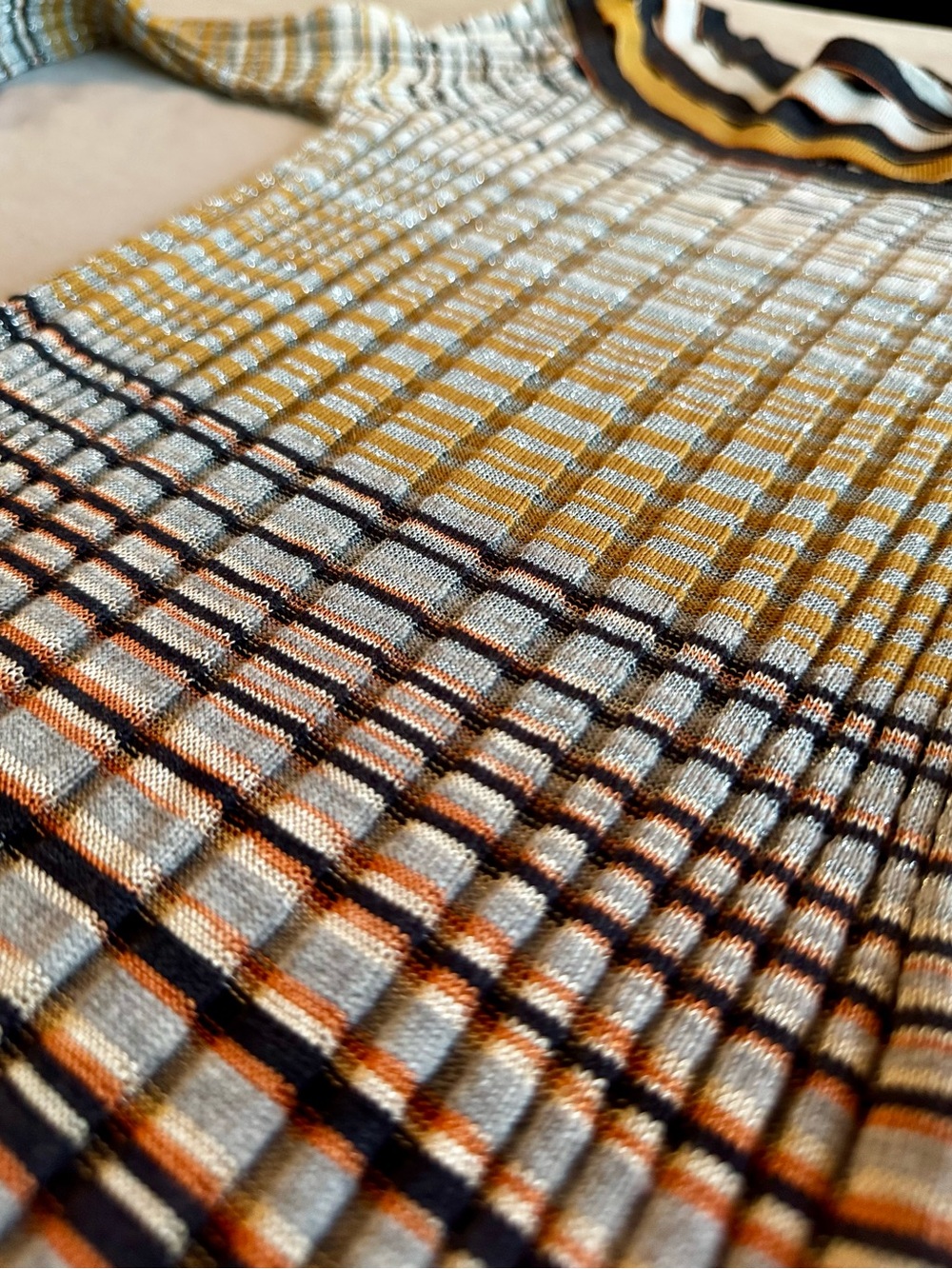 MISSONI Fitted Metallic Silver Black Gold Striped Ribbed Knit Midi Dress w Slip - Picture 7 of 16